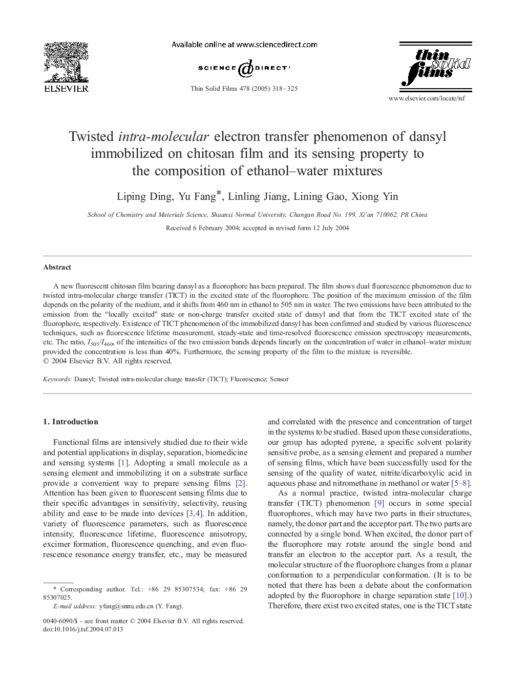 Twisted intra-molecular electron transfer phenomenon of dansyl immobilized on chitosan film and its sensing property to the composition of ethanol-water mixtures