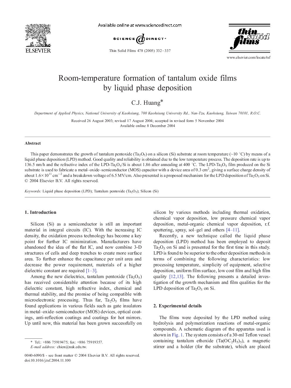 Room-temperature formation of tantalum oxide films by liquid phase deposition