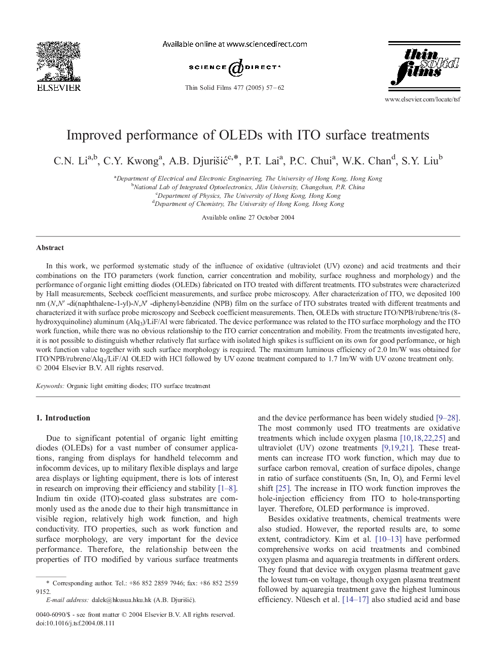 Improved performance of OLEDs with ITO surface treatments