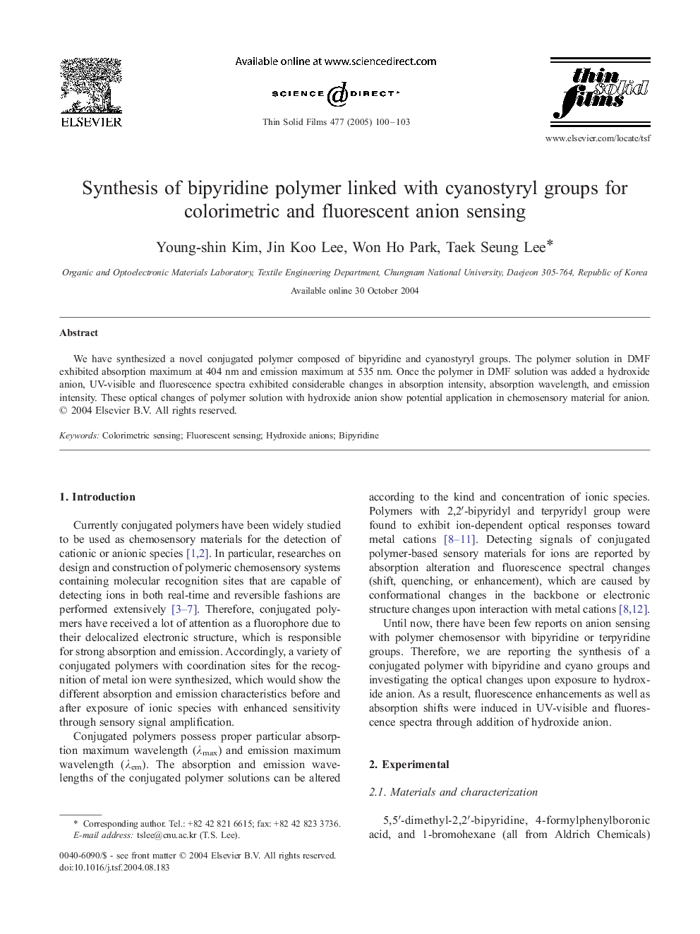 Synthesis of bipyridine polymer linked with cyanostyryl groups for colorimetric and fluorescent anion sensing