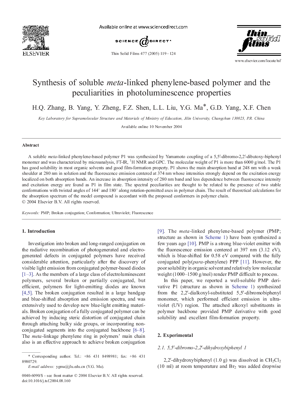 Synthesis of soluble meta-linked phenylene-based polymer and the peculiarities in photoluminescence properties