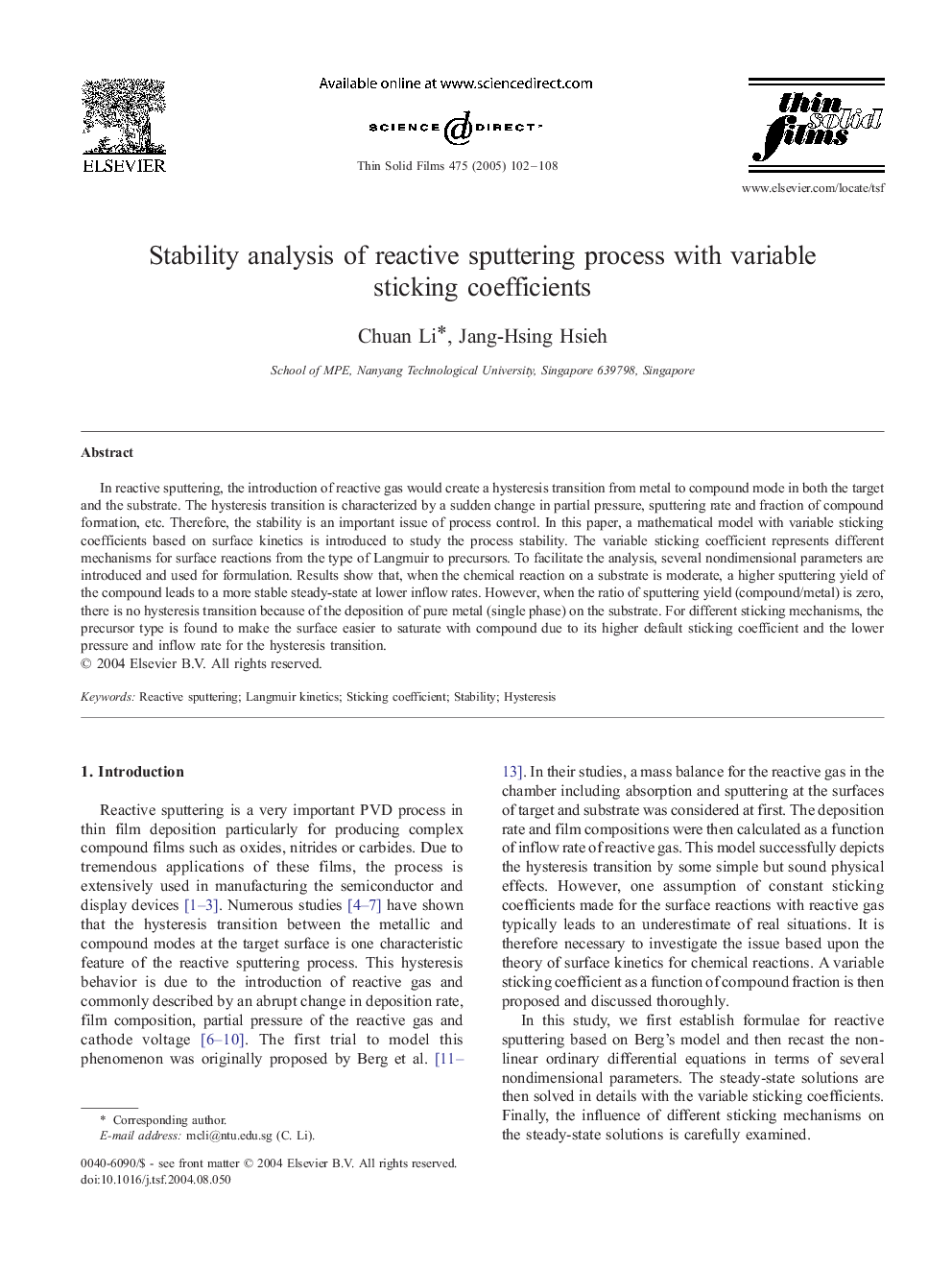 Stability analysis of reactive sputtering process with variable sticking coefficients