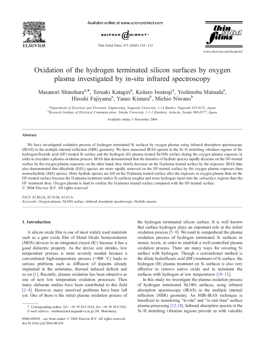 Oxidation of the hydrogen terminated silicon surfaces by oxygen plasma investigated by in-situ infrared spectroscopy