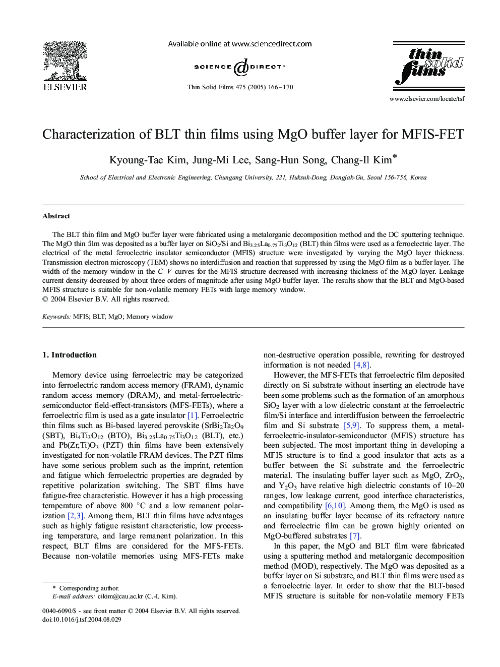 Characterization of BLT thin films using MgO buffer layer for MFIS-FET