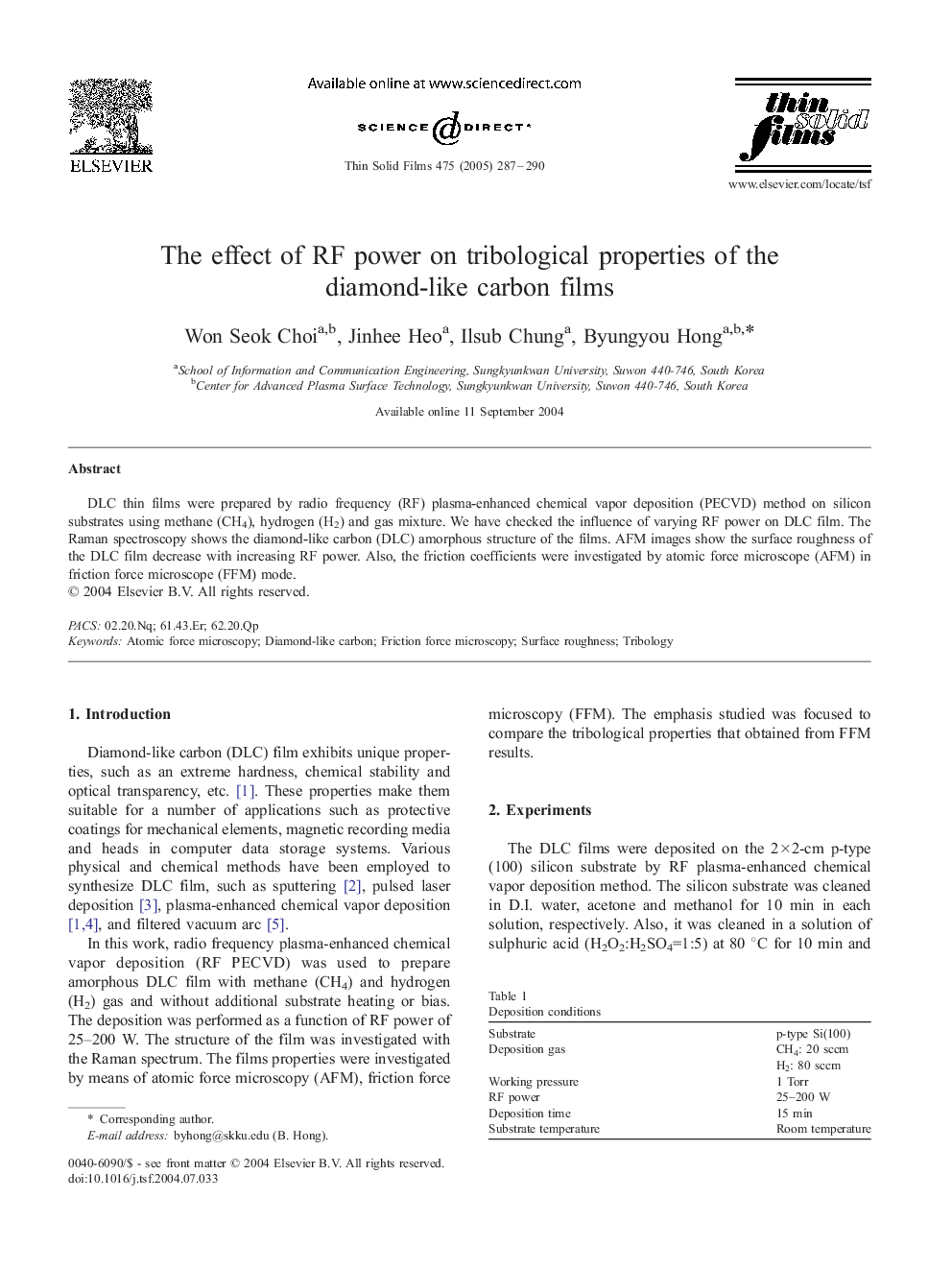 The effect of RF power on tribological properties of the diamond-like carbon films