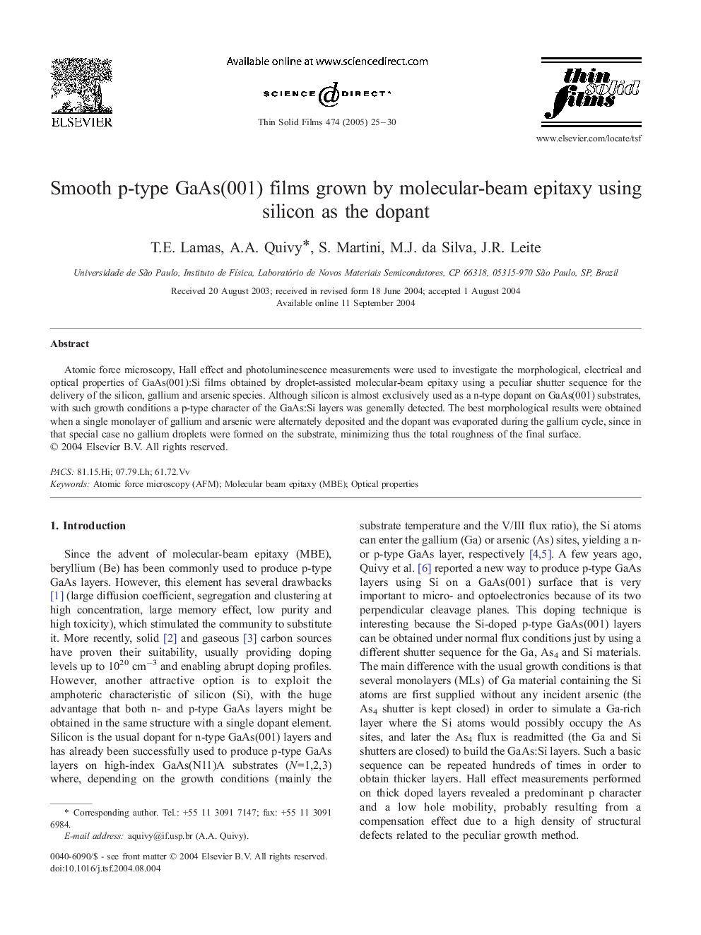 Smooth p-type GaAs(001) films grown by molecular-beam epitaxy using silicon as the dopant