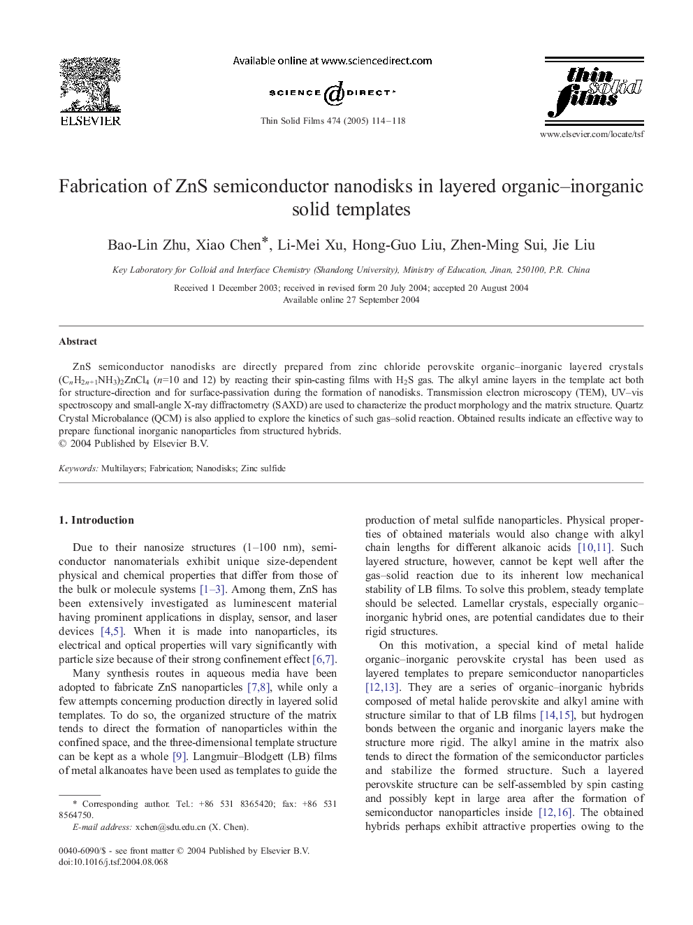 Fabrication of ZnS semiconductor nanodisks in layered organic-inorganic solid templates