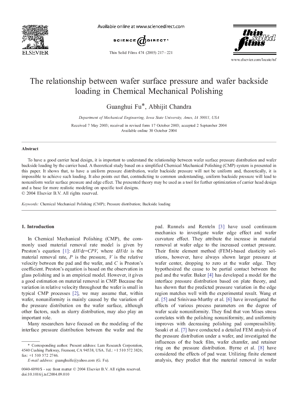 The relationship between wafer surface pressure and wafer backside loading in Chemical Mechanical Polishing