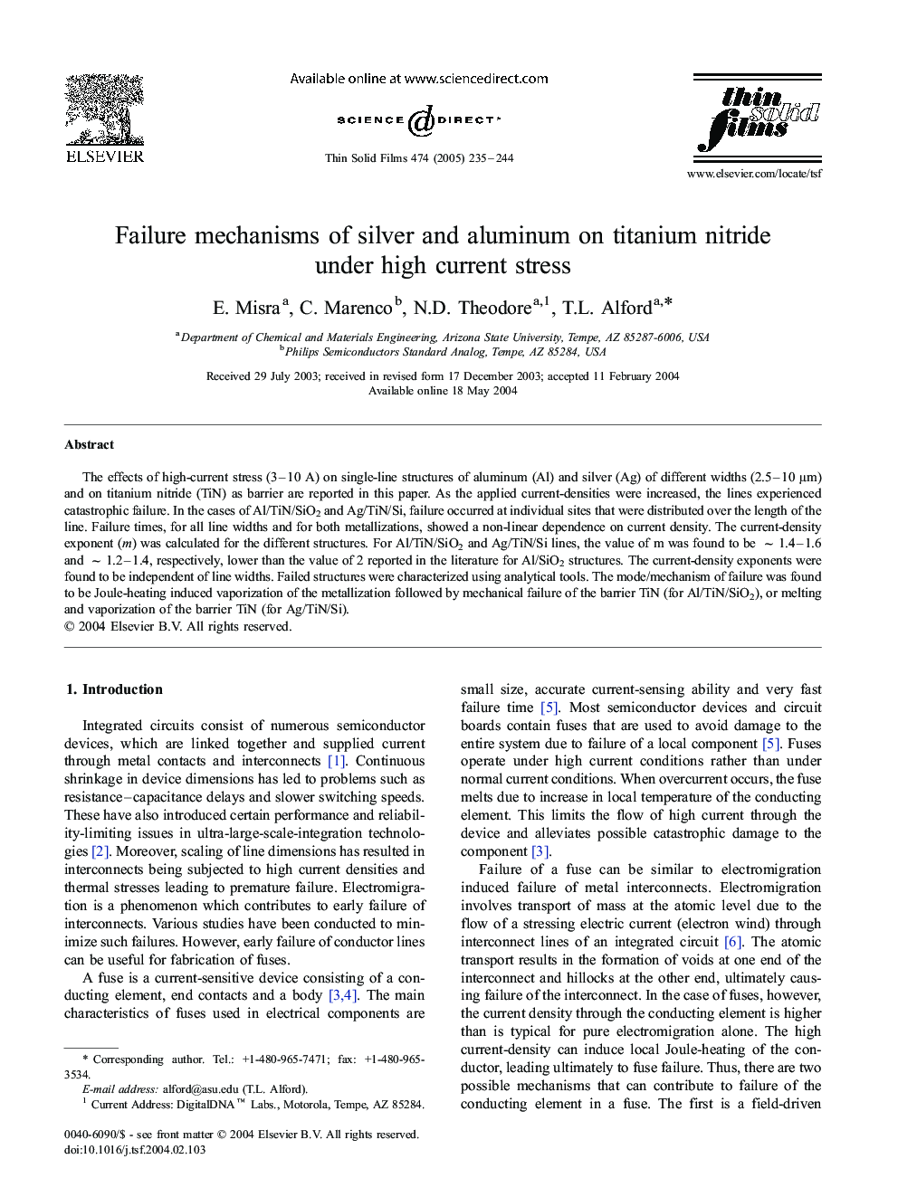 Failure mechanisms of silver and aluminum on titanium nitride under high current stress