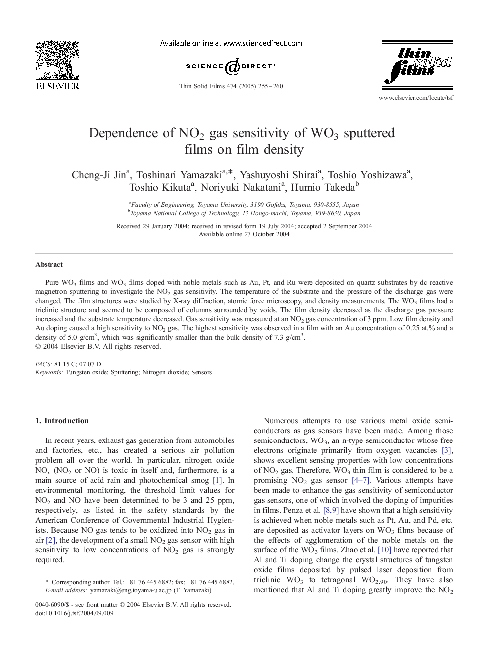 Dependence of NO2 gas sensitivity of WO3 sputtered films on film density