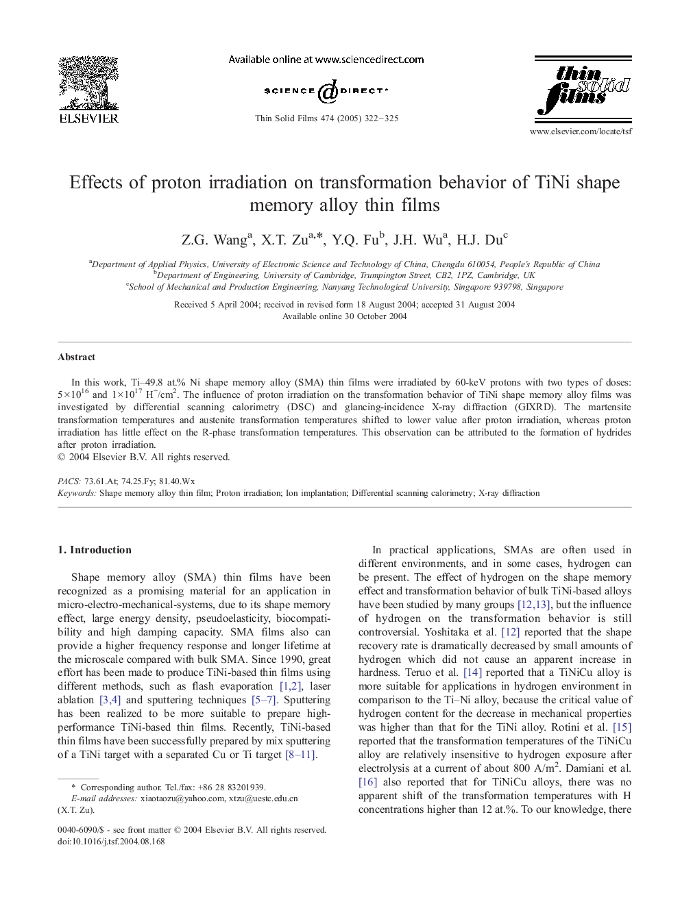 Effects of proton irradiation on transformation behavior of TiNi shape memory alloy thin films