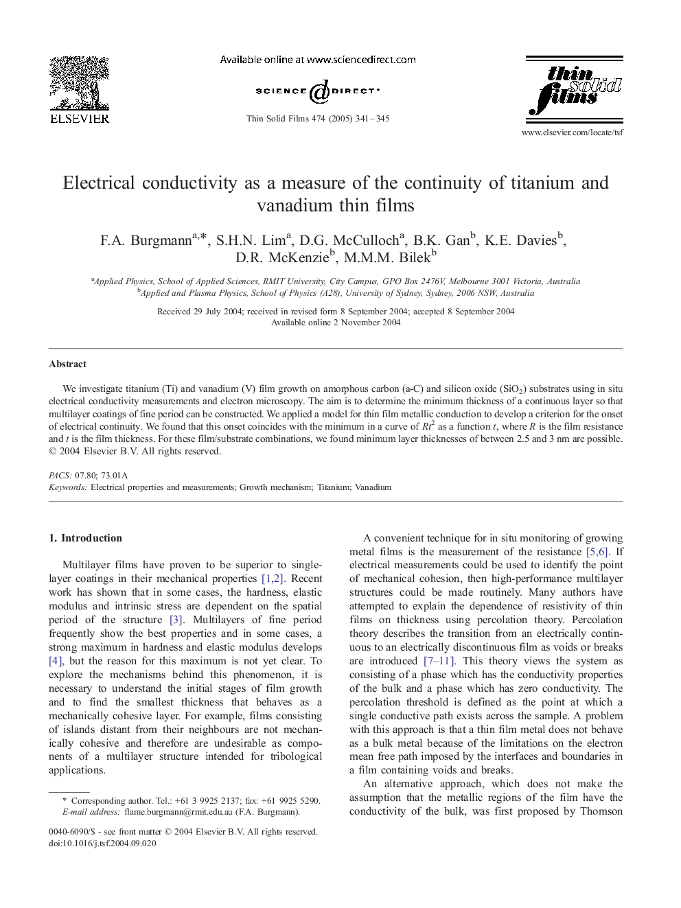 Electrical conductivity as a measure of the continuity of titanium and vanadium thin films