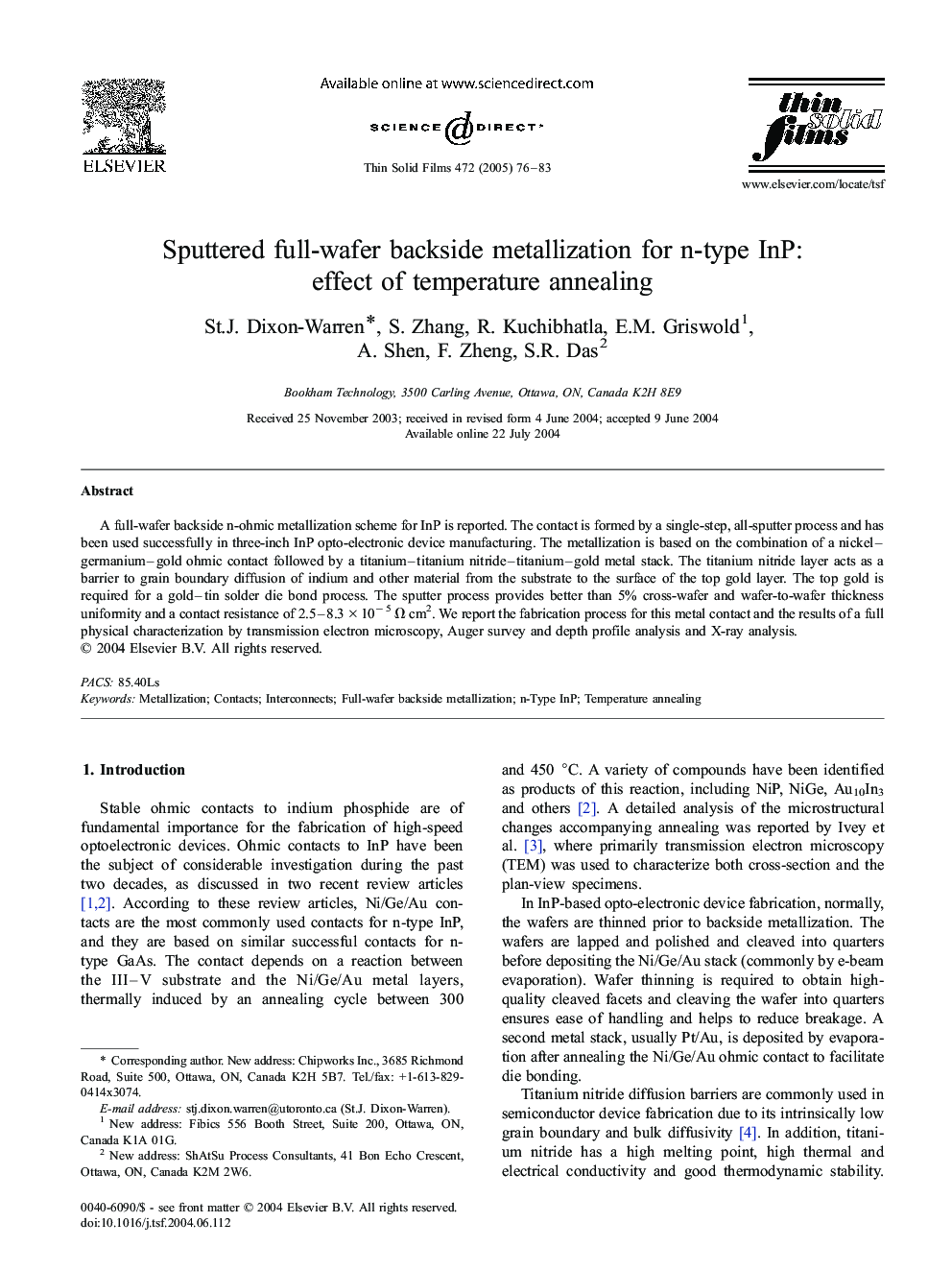 Sputtered full-wafer backside metallization for n-type InP: effect of temperature annealing