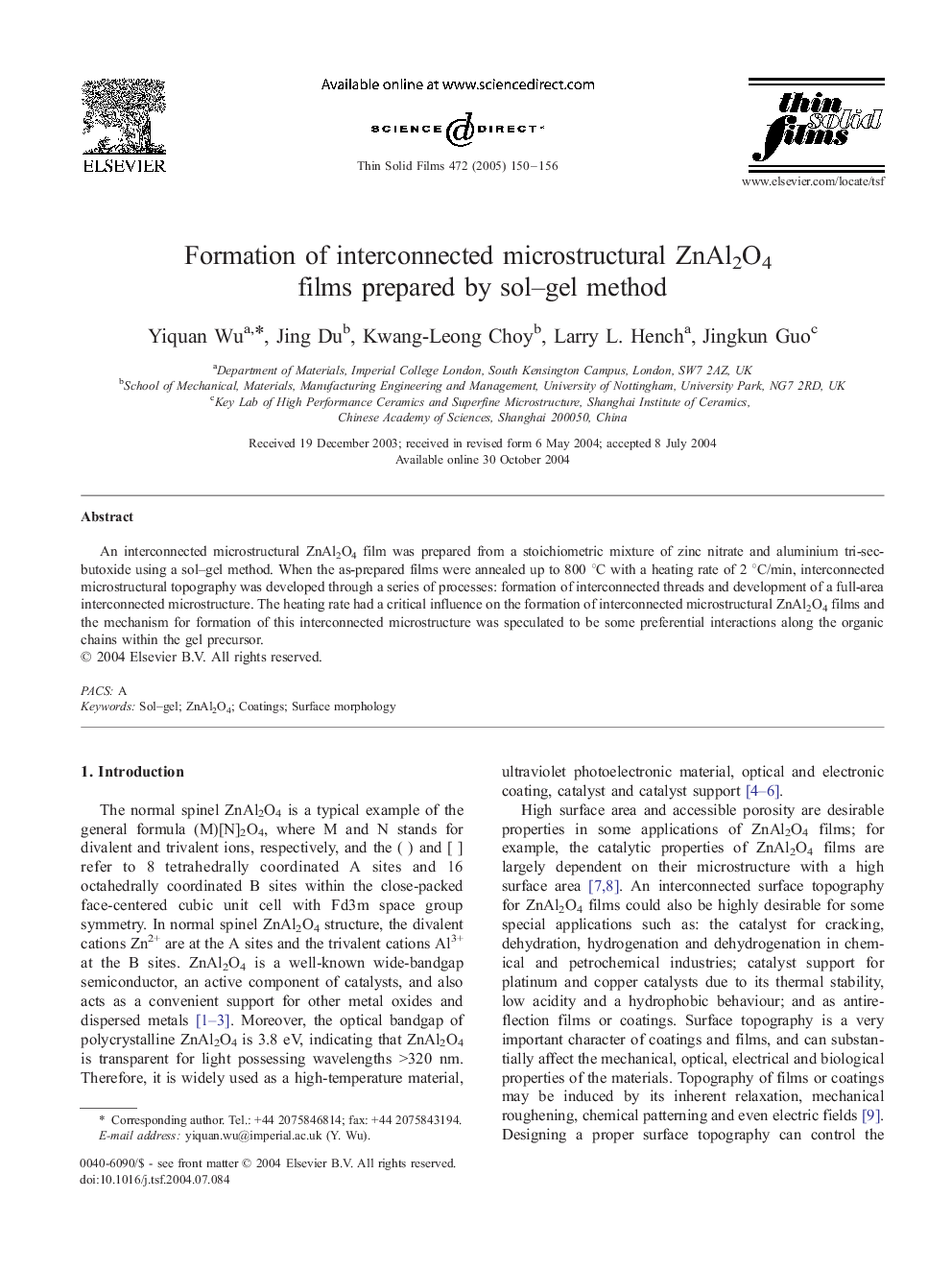 Formation of interconnected microstructural ZnAl2O4 films prepared by sol-gel method