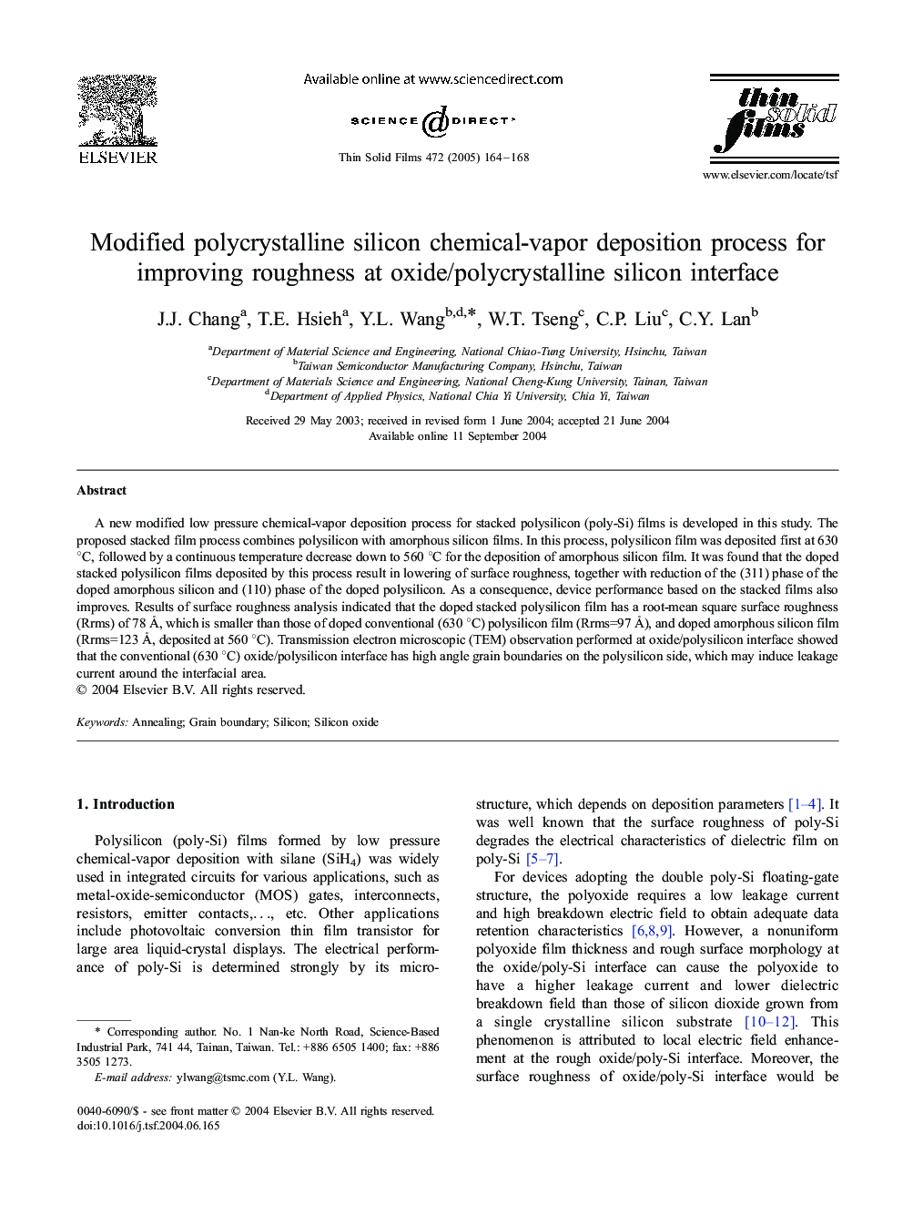 Modified polycrystalline silicon chemical-vapor deposition process for improving roughness at oxide/polycrystalline silicon interface