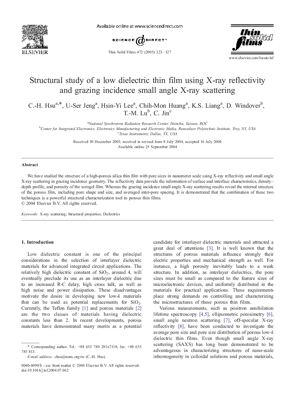 Structural study of a low dielectric thin film using X-ray reflectivity and grazing incidence small angle X-ray scattering