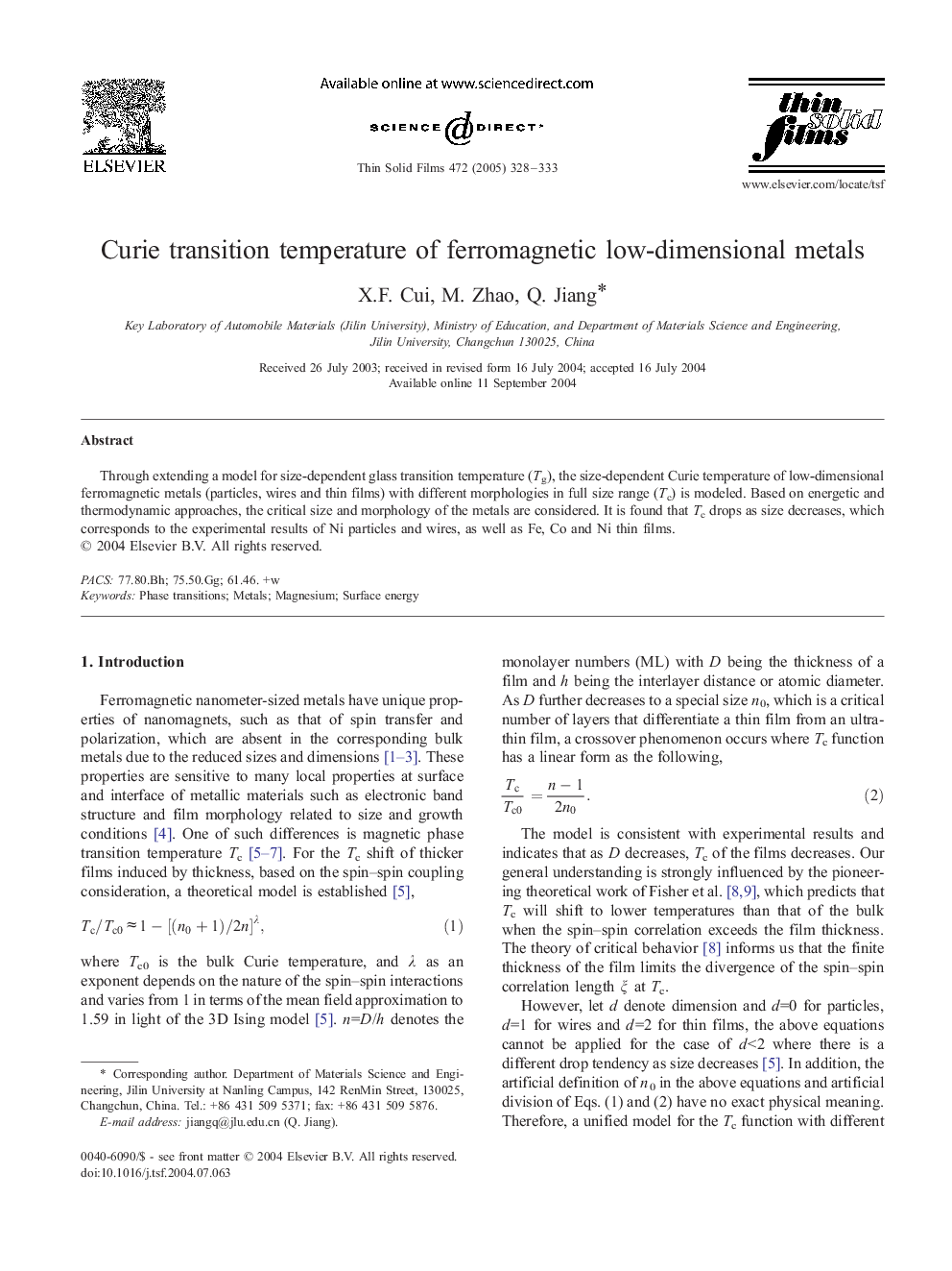 Curie transition temperature of ferromagnetic low-dimensional metals