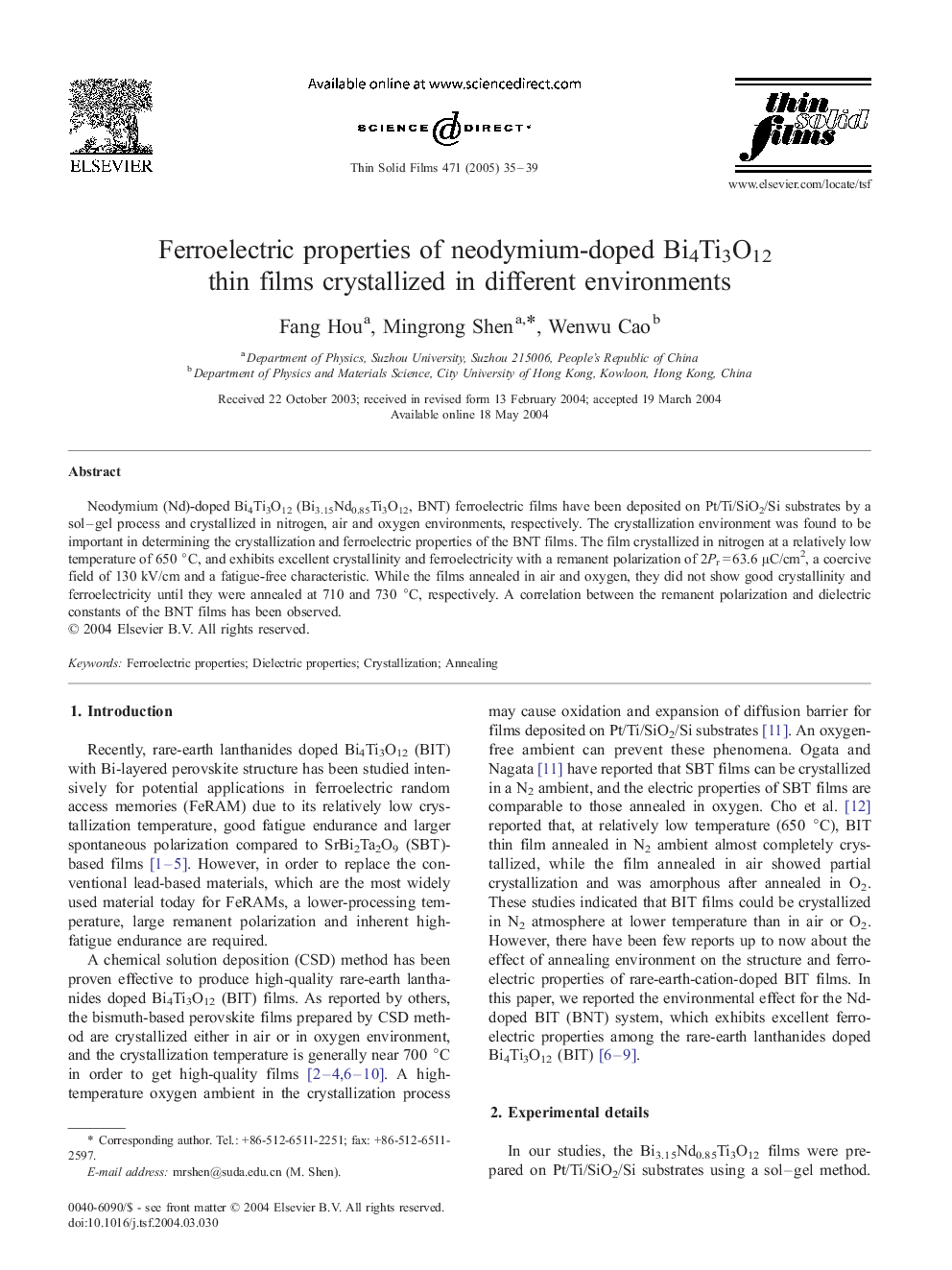 Ferroelectric properties of neodymium-doped Bi4Ti3O12 thin films crystallized in different environments