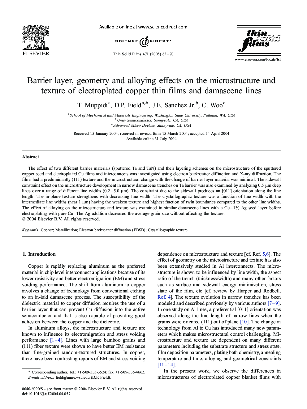 Barrier layer, geometry and alloying effects on the microstructure and texture of electroplated copper thin films and damascene lines