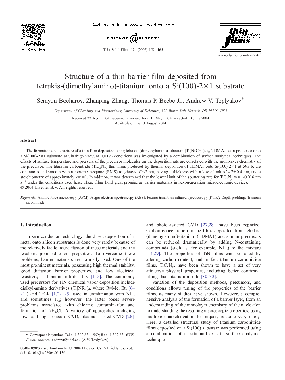Structure of a thin barrier film deposited from tetrakis-(dimethylamino)-titanium onto a Si(100)-2Ã1 substrate