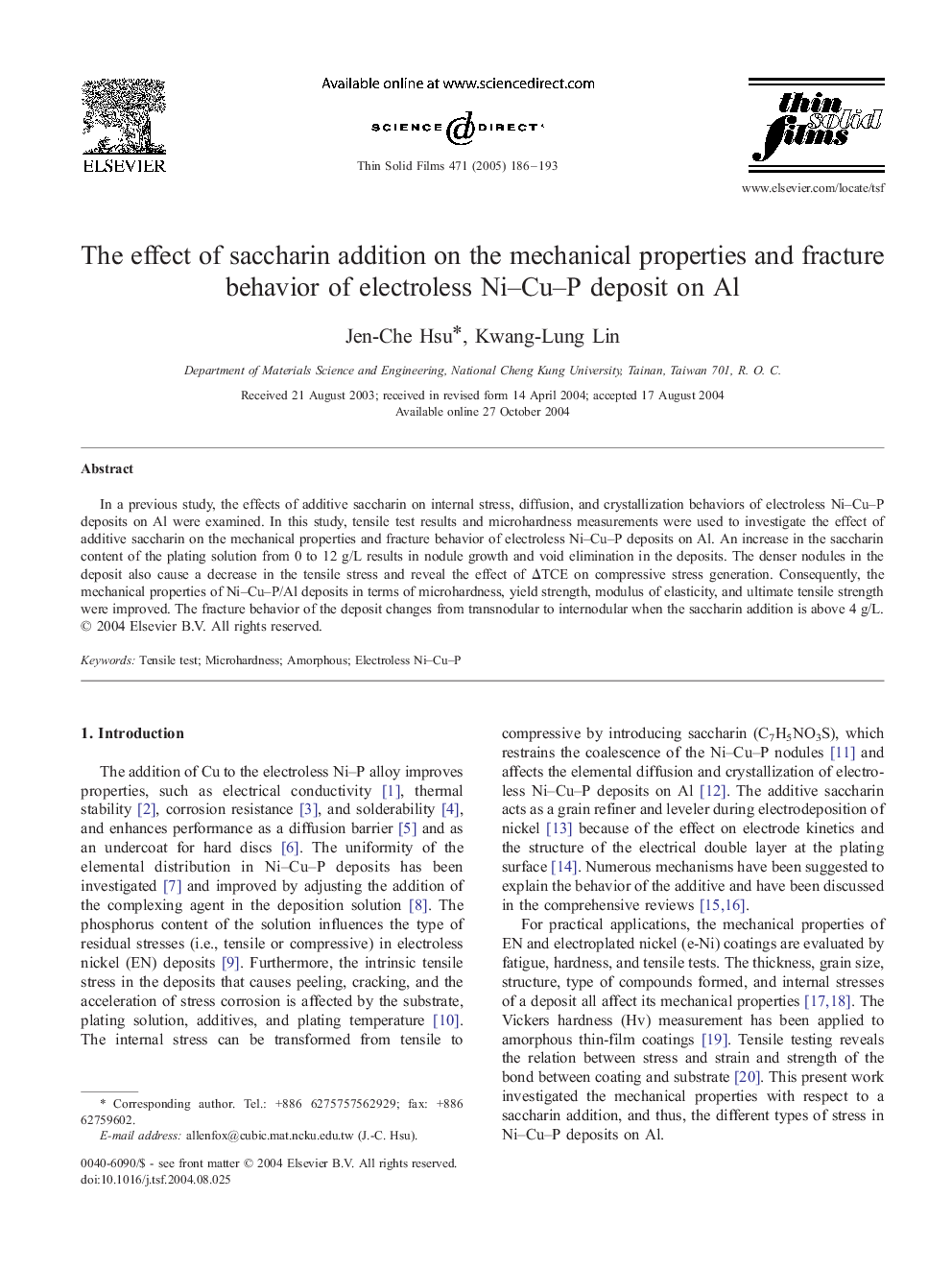 The effect of saccharin addition on the mechanical properties and fracture behavior of electroless Ni-Cu-P deposit on Al