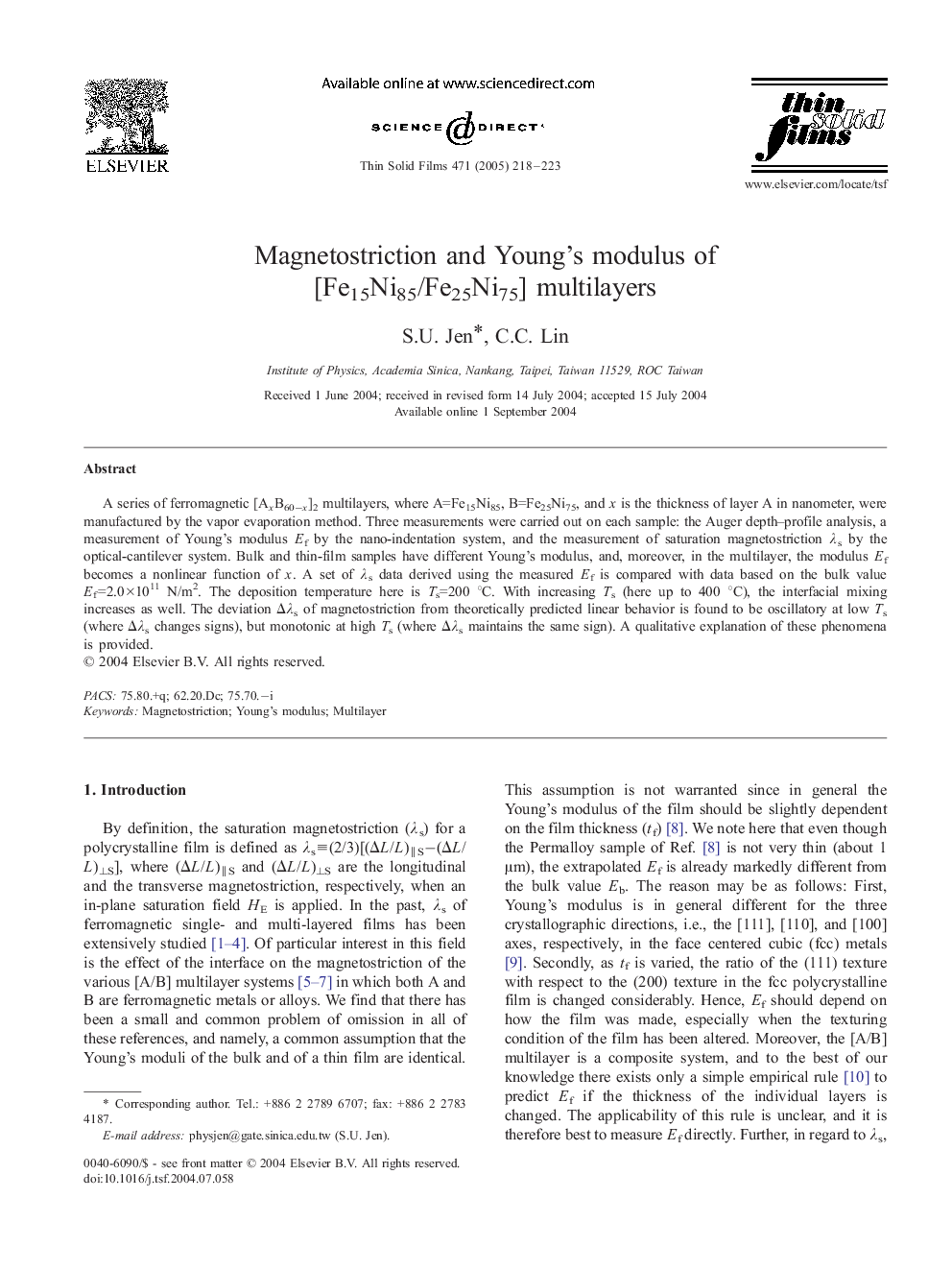 Magnetostriction and Young's modulus of [Fe15Ni85/Fe25Ni75] multilayers