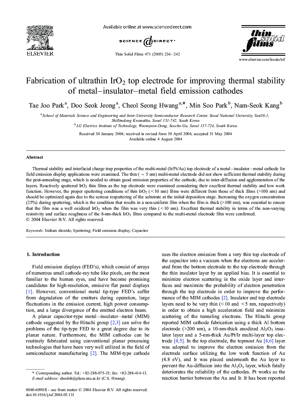 Fabrication of ultrathin IrO2 top electrode for improving thermal stability of metal-insulator-metal field emission cathodes