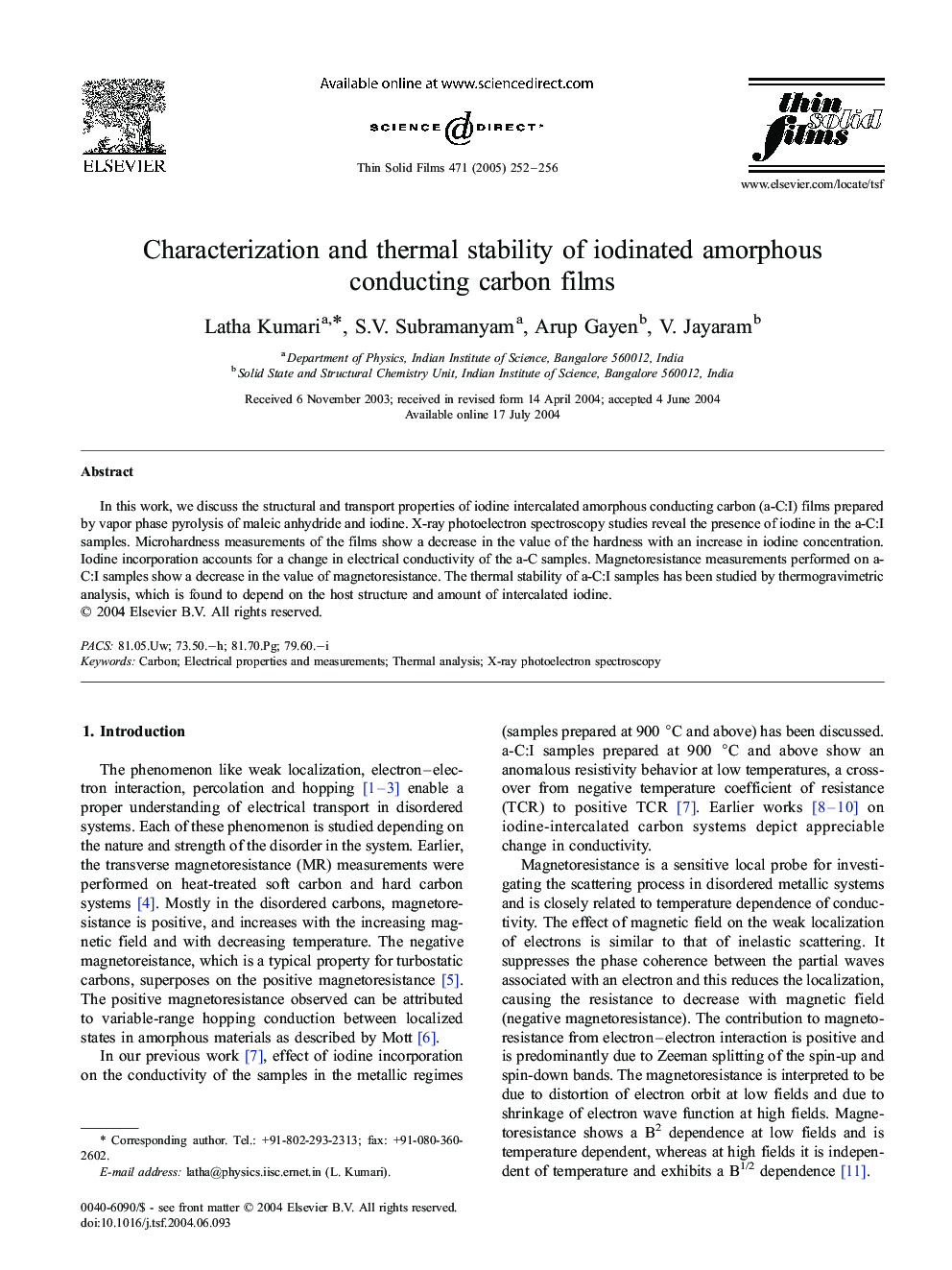 Characterization and thermal stability of iodinated amorphous conducting carbon films