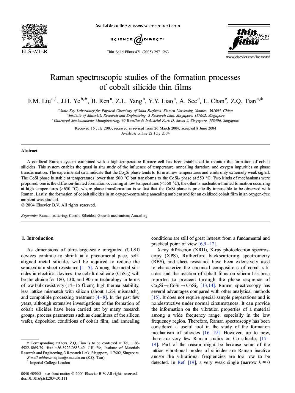 Raman spectroscopic studies of the formation processes of cobalt silicide thin films