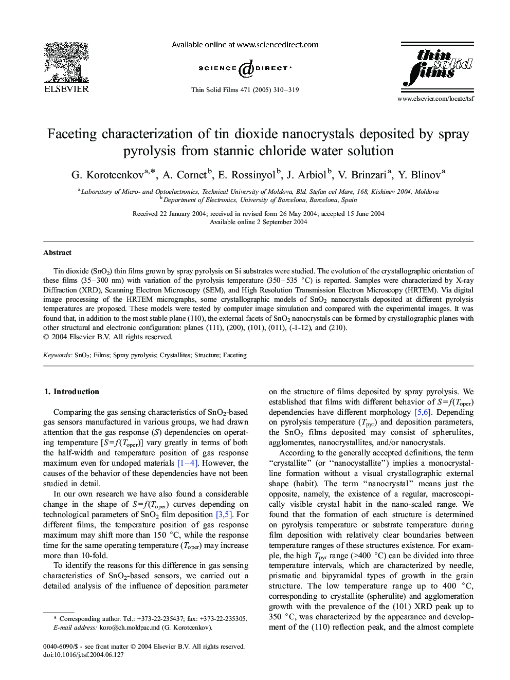 Faceting characterization of tin dioxide nanocrystals deposited by spray pyrolysis from stannic chloride water solution