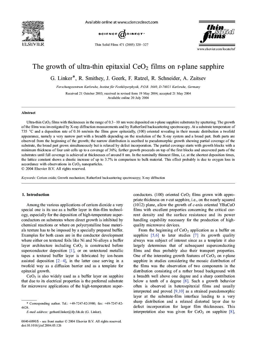 The growth of ultra-thin epitaxial CeO2 films on r-plane sapphire