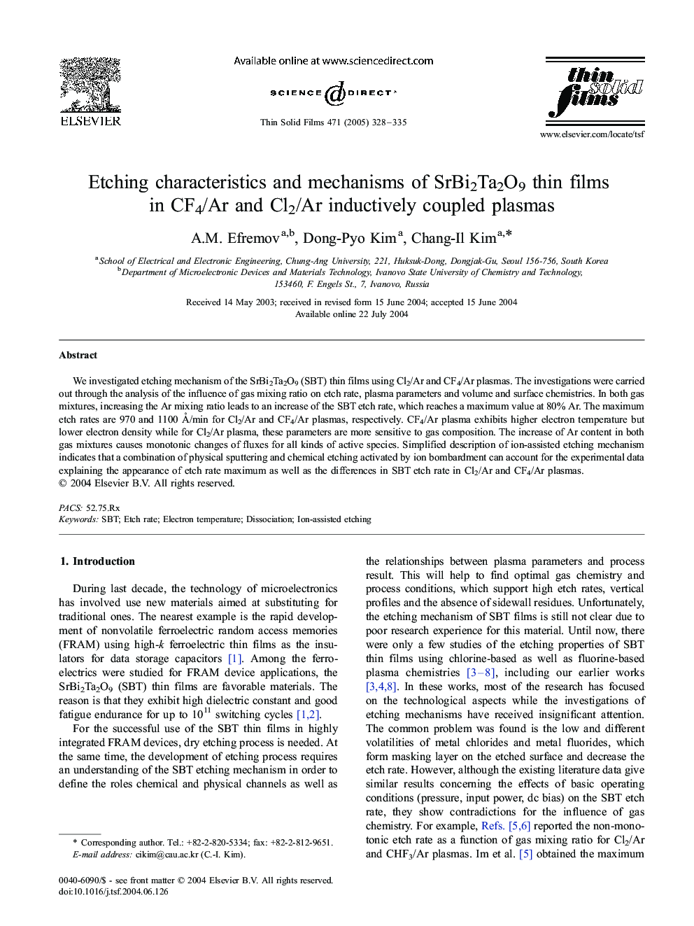 Etching characteristics and mechanisms of SrBi2Ta2O9 thin films in CF4/Ar and Cl2/Ar inductively coupled plasmas