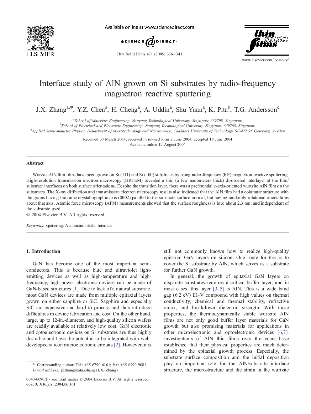 Interface study of AlN grown on Si substrates by radio-frequency magnetron reactive sputtering