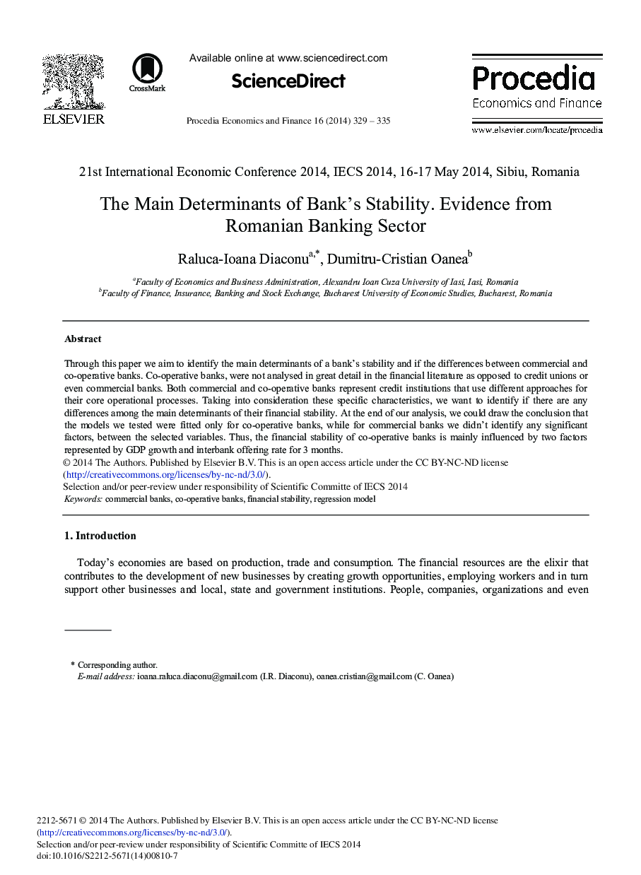 The Main Determinants of Bank's Stability. Evidence from Romanian Banking Sector 