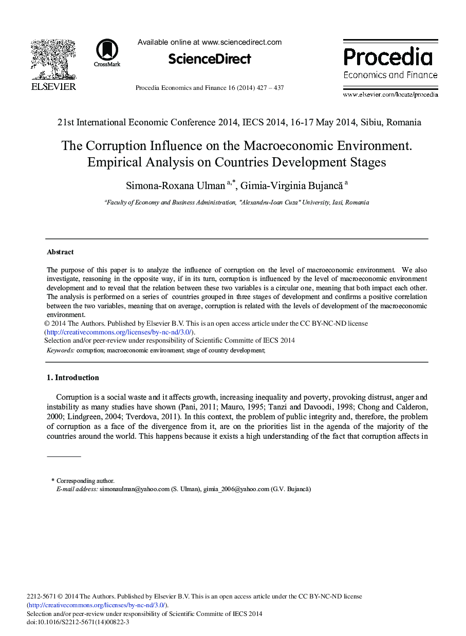 The Corruption Influence on the Macroeconomic Environment. Empirical Analysis on Countries Development Stages 