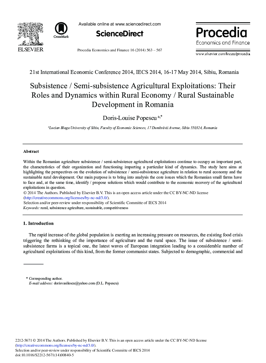 Subsistence/Semi-subsistence Agricultural Exploitations: Their Roles and Dynamics within Rural Economy/Rural Sustainable Development in Romania 