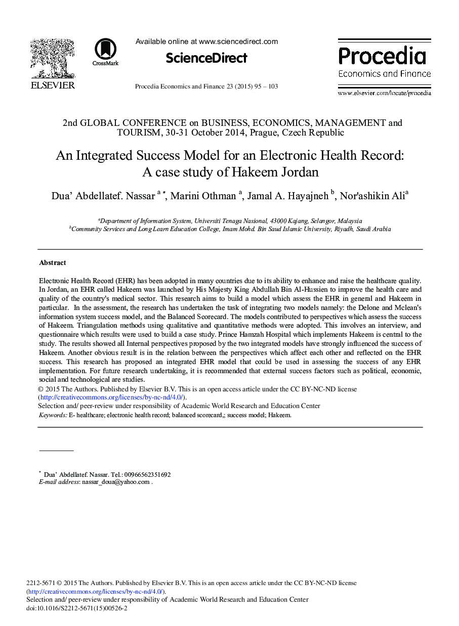 An Integrated Success Model for an Electronic Health Record: A Case Study of Hakeem Jordan 