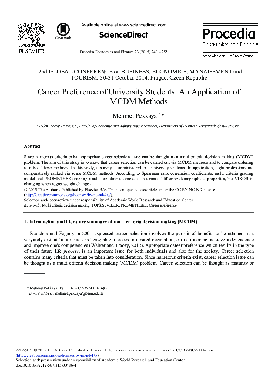 Career Preference of University Students: An Application of MCDM Methods 