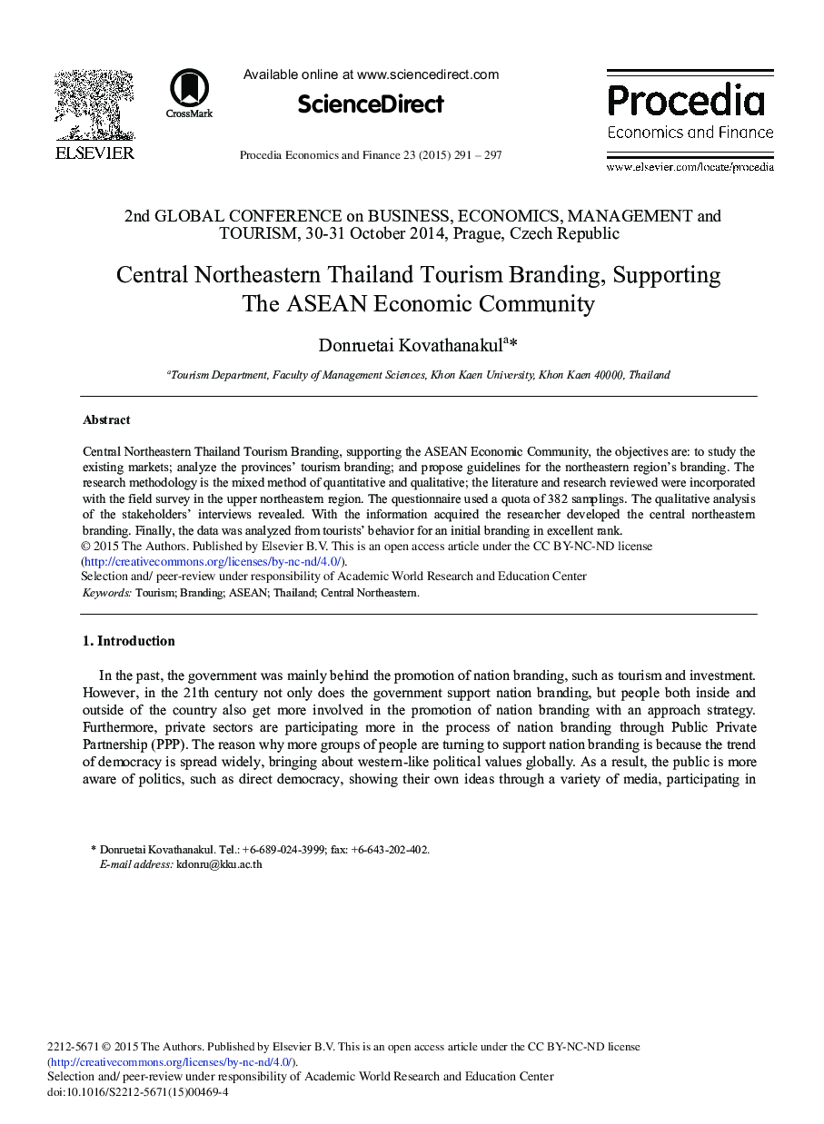 Central Northeastern Thailand Tourism Branding, Supporting the ASEAN Economic Community 