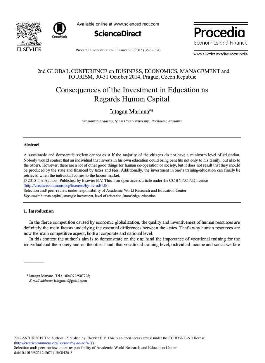 Consequences of the Investment in Education as Regards Human Capital 