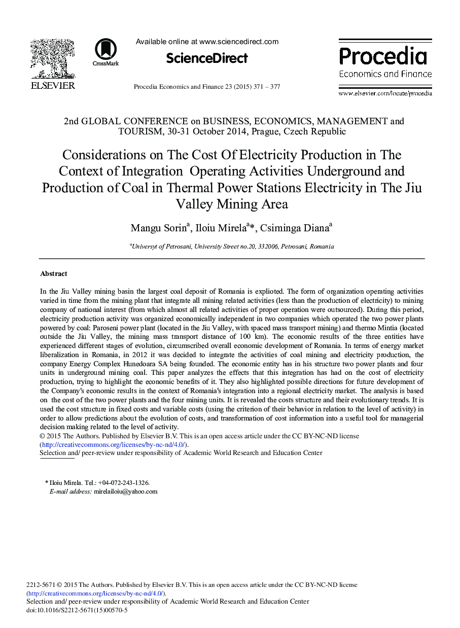Considerations on the Cost of Electricity Production in the Context of Integration Operating Activities Underground and Production of Coal in Thermal Power Stations Electricity in the Jiu Valley Mining Area 