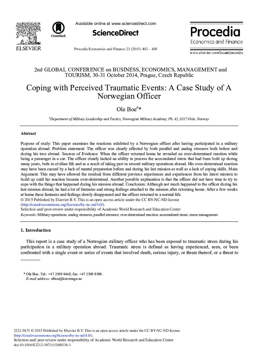 Coping with Perceived Traumatic Events: A Case Study of a Norwegian Officer 