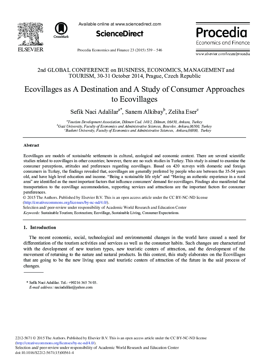 Ecovillages as a Destination and a Study of Consumer Approaches to Ecovillages 