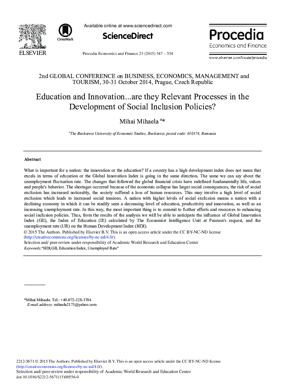 Education and Innovation... are they Relevant Processes in the Development of Social Inclusion Policies? 