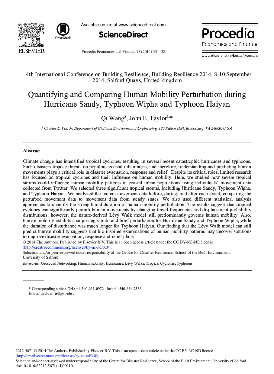 Quantifying, Comparing Human Mobility Perturbation during Hurricane Sandy, Typhoon Wipha, Typhoon Haiyan 