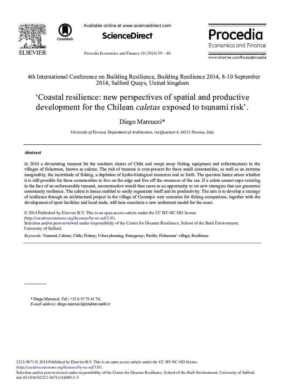 ‘Coastal Resilience: New Perspectives of Spatial and Productive Development for the Chilean caletas Exposed to Tsunami Risk’ 