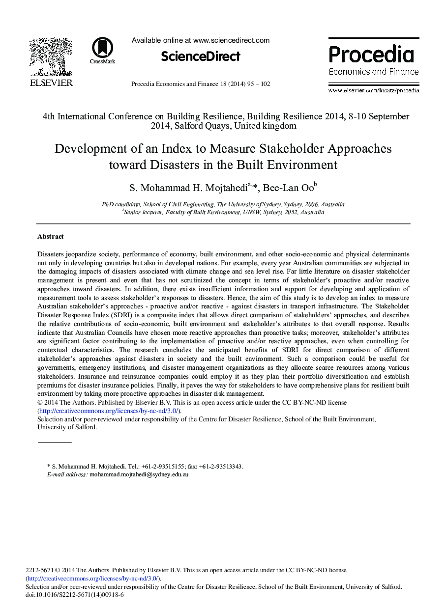 Development of an Index to Measure Stakeholder Approaches toward Disasters in the Built Environment 