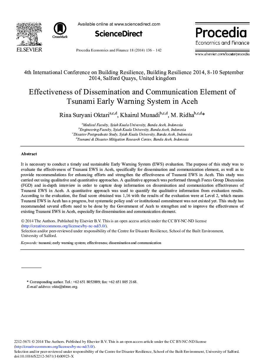 عکس صفحه اول مقاله: Effectiveness of Dissemination and Communication Element of Tsunami Early Warning System in Aceh Effectiveness of Dissemination and Communication Element of Tsunami Early Warning System in Aceh