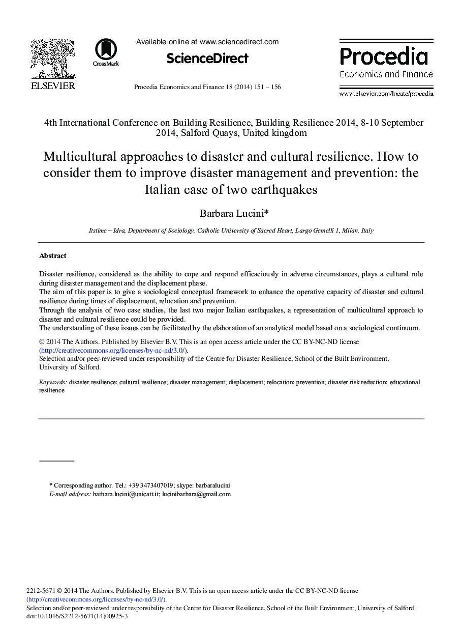 Multicultural Approaches to Disaster and Cultural Resilience. How to Consider them to Improve Disaster Management and Prevention: The Italian case of two Earthquakes 