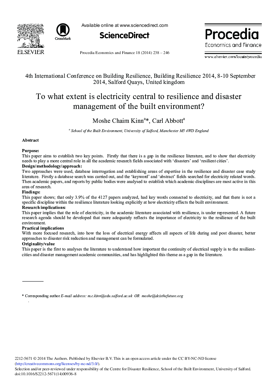 To what Extent is Electricity Central to Resilience and Disaster Management of the Built Environment? 